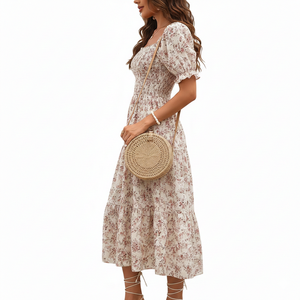 Robe midi smockée florale de luxe Unity, tissu doux et respirant, col carré élégant, robe d'été - Product Image 2