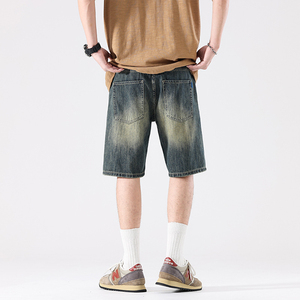 กางเกงยีนส์เอวกลางเอวแบบแฟชั่นสีทึบกางเกงขาสั้นทอกระเป๋าปิดเอวยางยืด - Product Image 2