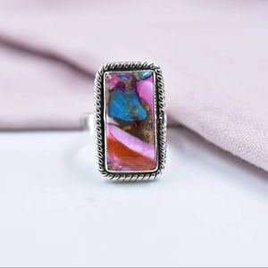 Handmade Pink Dahlia Turquoise Sterling Silver Adjustable Statement Ring for <b>Women</b> - Product Image 1