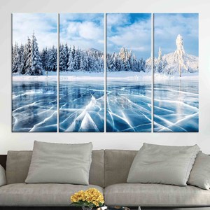 Impresión en lienzo elegante con vista al bosque de invierno: obra de arte paisajística, JUEGO DE 4 LIEÑOS - Product Image 1