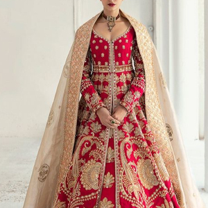 2023 Indian/Pakistani Embroidered <b>Bridal</b> Maroon <b>Jacket</b> Lehenga Dress Made of Silk Cotton Crystal Glass Beadsstone Dabka Work - Product Image 1