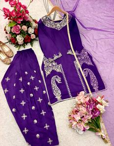 Nouvel ensemble prêt-à-porter en satin pur naturel, haut, farshi et dupatta, entièrement brodé, pour soirée, séchage rapide - Product Image 4