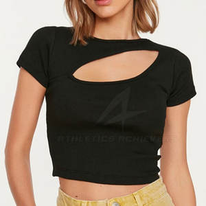 Top mode été femmes haut court vêtements ensemble col rond manches courtes femmes haut court personnalisé - Product Image 3