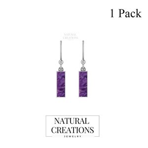 Boucles d'oreilles pendantes en argent sterling 925 de haute qualité, finition haut de gamme, charoïte d'eau de mer, forme baguette double cœur, sertissage en bélière, cadeau tendance - Product Image 3