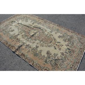 Turkish Vintage Rug, 4.8x8.4 ft Rug, <b>Brown</b> Green Polka dot <b>Wool</b> Rug - Product Image 2