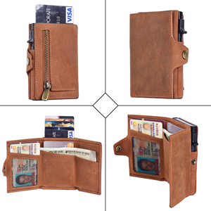 Vintage leather pop up card holder slim <b>wallet</b> bifold design <b>RFID</b> blocking ID window cash pocket compact organizer - Product Image 4