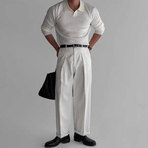 Polo pour homme Old Money à manches longues et col à revers, design en tricot rayé - Product Image 4