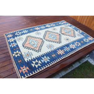 Alfombra Turca Vintage, Alfombra de Lana Persa Azul y Blanca de 4.2x6.3 pies - Product Image 2