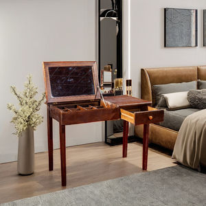 Mesa de tocador de madera maciza de roble con espejo y cajones de almacenamiento acabado en nogal, para uso en dormitorio o Hotel - Product Image 1