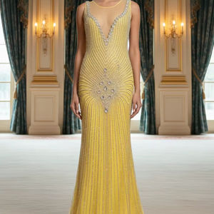 vestido de noche amarillo bordado a mano con cuentas - Product Image 1