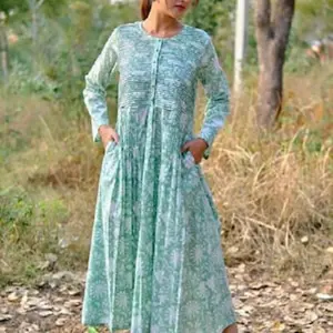 Mint Green And White Indian Block Printed Top Long Tunic With Pockets Bridesmaids dress Pleated Top Lightweight Summer Dress