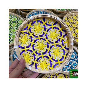 Cesta plana redonda de bambú con cubierta de tela ligera Cesta plana tejida de bambú natural Tamaño y forma personalizados - Product Image 6