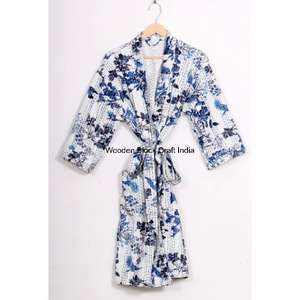 Veste kimono pour femme en coton biologique 100% - Fabriquée à la main - Quilted Kantha - Tissu tricoté écologique - Fermeture à ceinture - Product Image 5