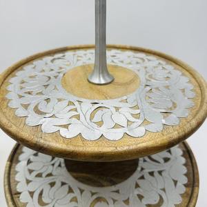 Luxury 2 Tier Wood Cake Stand With Ornate Metal Inlay Round Wooden <b>Cupcake</b> Tower With <b>Top</b> Handle for Gulf Wedding & Party Events - Product Image 3