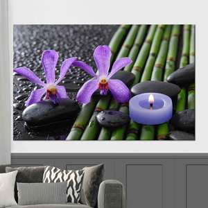 Obra de arte impresa en lienzo: elegante arte de pared en vidrio con diseño de orquídea morada y bambú, enrollado en lienzo para galería - Product Image 1
