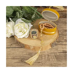 Mother's Day Gift Luxury Chanting and Pearl Prayer Beads, Ellipse Box, Flock Coated, Mirrored Plexiglass - Yellow 7*5 cm 70 gr