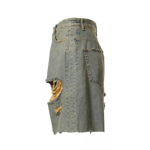 Baggy bleu à fermeture éclair pour hommes 100% coton bords bruts Look détruit High Street Hot Shorts solide Short en denim ample - Product Image 3