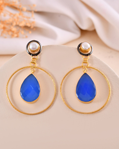 ต่างหูไข่มุกและพลอยคาลซิโดนีสีฟ้าต่างหูทองเหลืองชุบทอง18K ต่างหูออกแบบด้วยมือต่างหูรูปลูกแพร์แฟนซี - Product Image 3