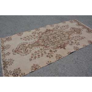 Alfombra turca vintage clásica beige marrón 3,9x8,5 pies de lana de retazos de área grande con respaldo de látex para pasillo o dormitorio - Product Image 2