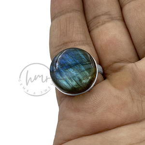 Natural Labradorite Gemstone <b>Ring</b> Handmade Sterling Silver Adjustable Jewelry Round Cabochon <b>Statement</b> <b>Ring</b> - Product Image 1
