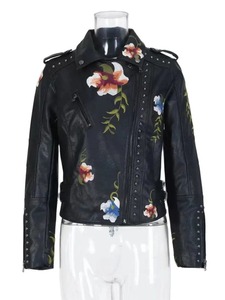Otoño Invierno estampado Floral bordado Faux cuero chaquetas mujeres High Street Moto remache negro Punk prendas de vestir exteriores Biker abrigos - Product Image 3