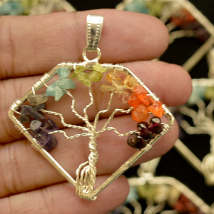 Naturel Sept Chakra Arbre de Vie Gemme Fil Enveloppé Argent Plaqué À La Main En Vrac Cabochon Pierre Pendentif Guérison Cristal Lot - Product Image 1