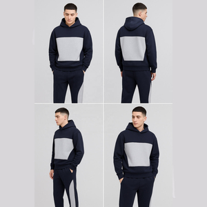 2025 hommes couleur bloc survêtement ensemble Logo personnalisé bleu marine gris à capuche survêtement pantalon vêtements de sport décontracté survêtement d'entraînement pour homme - Product Image 5