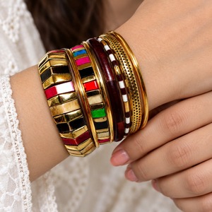 Ethnic Gold Plated Alloy Bangles Women's Geometric Patterned Stackable <b>Bracelets</b> with Colorful Inlay Design - Product Image 5