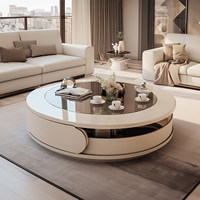 Ensemble de tables basses de rangement modernes et crémeuses, table centrale ronde en bois avec plateau en verre transparent pour salon