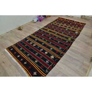 พรมตุรกีขนาด 4.6x9.9 ฟุต, พรมวินเทจขนาดใหญ่, พรมขนสัตว์สีดำลายอิคัต - Product Image 3