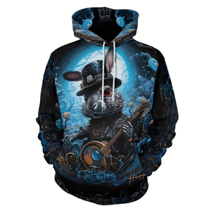 Père Noël chat motif à capuche pour hommes dessin animé lapin impression 3D manches longues pull décontracté rue hauts sweats à capuche sweat ample - Product Image 4