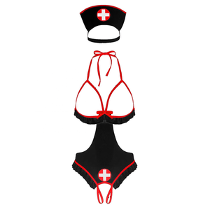 Aoling Lingerie de jeu de rôle uniforme d'infirmière, body en satin et dentelle, Spandex/Nylon, à manches longues, moulant, séduisant, style fendu - Product Image 2