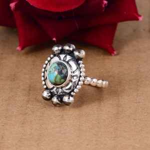 Bague de déclaration de mariage de luxe faite à la main en argent sterling et turquoise Kingman, style bohème tribal, cadeau pour elle - Product Image 4