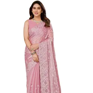 Beautiful Burbury with weaving sequence stripes Women Saree for Wedding Party Wear From Indian Supplier