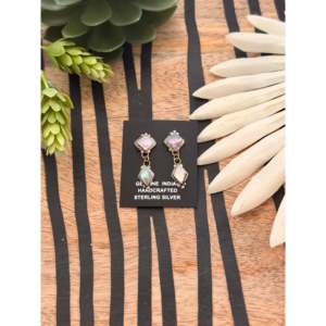 Navajo Gold Plated Drop Earrings <b>Abalone</b> <b>Shell</b> Sterling Silver Post Dangle Cute Geometric Design Pearl Diamond Handmade Navajo - Product Image 1