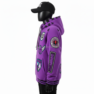 Sudadera con Capucha y Cremallera para Mujer, Tejido de Felpa, Estilo Deportivo Morado, Parches Bordados, Logotipo Personalizado, Material Grueso, Sudadera Básica con Cremallera - Product Image 3