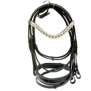 BRIDLE Anatomique Qualité Cuir Noir Rembourré REINS 5 Rangées Noir Argent Cristal - Product Image 1
