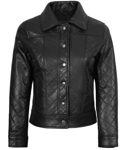 Luxury Womens Black Genuine Leather Woven <b>Quilted</b> Zipper Slim Fit Textured Designer Biker Jacket Crew Neck Premium Custom OEM - Product Image 4