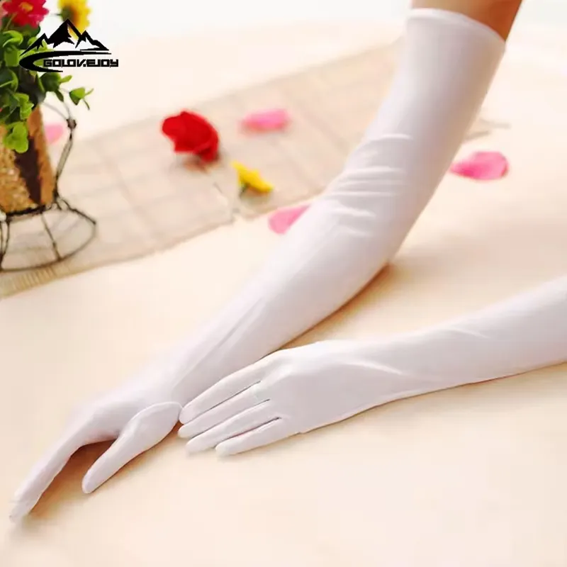 Sarung tangan hitam putih panjang untuk wanita, sarung tangan Satin jari penuh, sarung tangan pesta pernikahan pengantin seksi elegan dengan sarung tangan untuk wanita