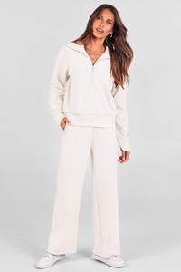 เสื้อกันหนาวซิปครึ่งโอเวอร์ไซส์แบบลำลอง, ชุดวอร์มกางเกงขากว้างปกเสื้อตัวยาว - Product Image 3