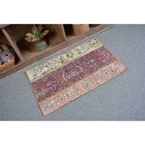 2x3,1 ft Turkish Vintage <b>Wool</b> Rug <b>Red</b> Blue Floral Patchwork Design Eco Friendly Latex Backing - Product Image 2