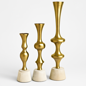 Elegant <b>tall</b> gold metal <b>candle</b> <b>holder</b> classic candlestick stand with sculpted stem and round decorative home wedding centerpiece - Product Image 2