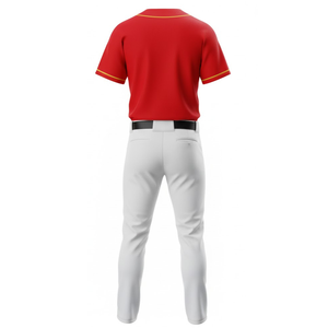 Ensemble de tenue de baseball rouge à sublimation, best-seller, avec imprimé géométrique jaune sur la poitrine, maillot à col en V et pantalon blanc à ceinture - Product Image 3