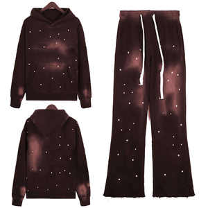 Chándal lavado con ácido pesado para adultos Ropa de invierno con detalle de diamantes de imitación transpirable Conjunto de estilo de patrón sólido de talla grande - Product Image 4