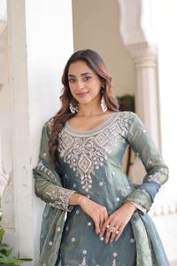 New Designer Indian Pakistani Winter Stitched Party Wear Top Sharara Plazzo Dupatta-Heavy Georgette Reversible Modern Stylish - Product Image 2