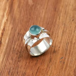 Aqua Chalcedony <b>Ring</b> 925 Sterling Silver Round Gemstone Hammered Statement Designer Gift <b>Ring</b> for Women - Product Image 1