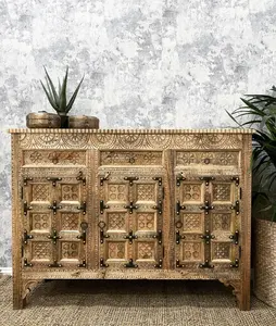 <b>VINTAGE</b> HAND CARVED MODULAR ECO-FRIENDLY SOLID MANGO WOOD <b>SIDEBOARD</b> with NATURAL FINISH by MANGALAM ART EXPORT IN EUROPEAN STYLE - Product Image 1