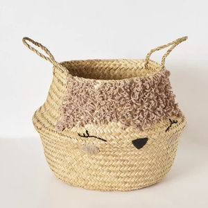 Panier de ventre en broderie de jonc de mer tissé à la main mignon avec poignées parfait pour ranger les articles ménagers et panier pour enfants - Product Image 3