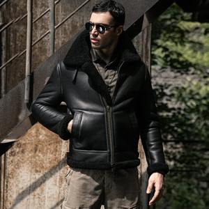 Blouson aviateur en cuir véritable en peau de mouton, fermeture éclair en fourrure, rembourrage en coton, noir - Product Image 5