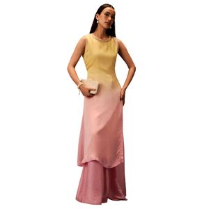 Amarillo Ombre A Line Kurta con pantalones de campana al por mayor mujeres Ropa Étnica OEM proveedor de fábrica de ropa traje de fiesta - Product Image 3